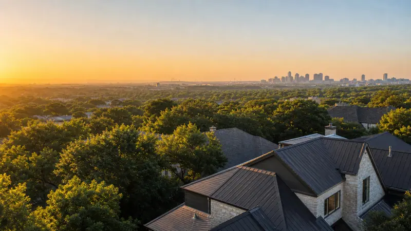 Golden-hour aerial of rooftops and trees with the Austin skyline in the distance