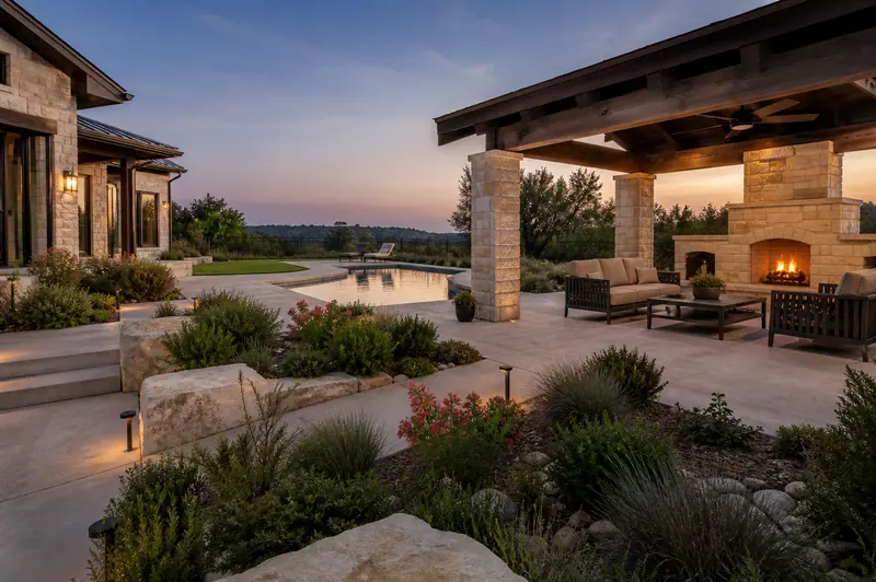 Terrace with a stone fireplace and fountain in the Hill Country at dusk