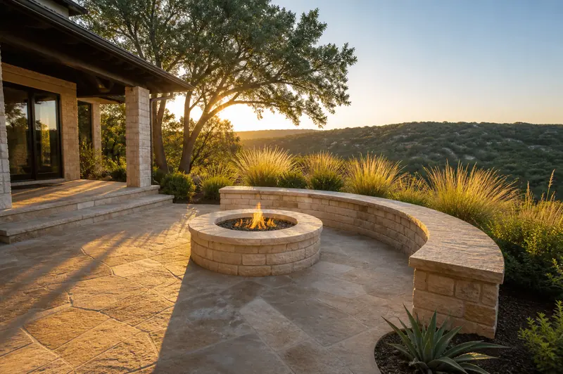 Curved stone fire pit with a view over the hills
