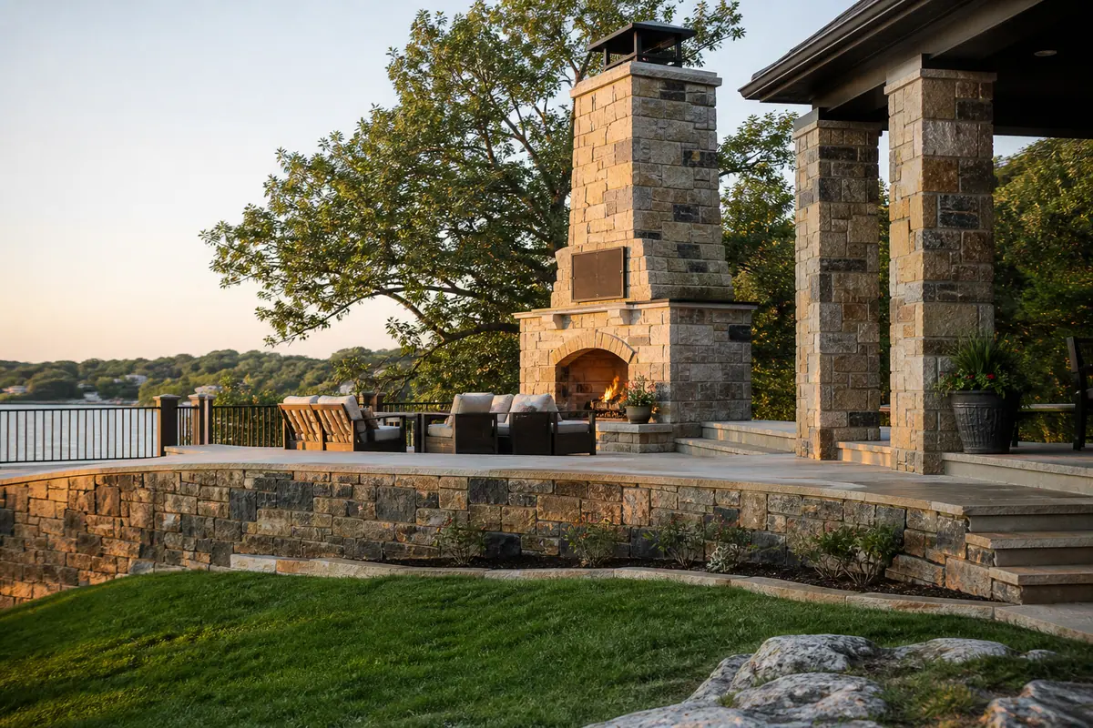 Stone fireplace on a lakeside terrace at sunset