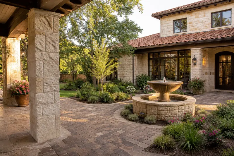 Stone courtyard with a fountain beside a Mediterranean-style home