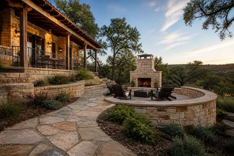 Stone patio and fire pit on a Hill Country hillside