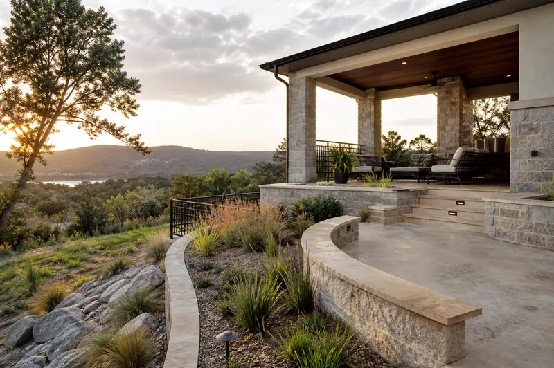 Covered stone terrace with a view over the hills