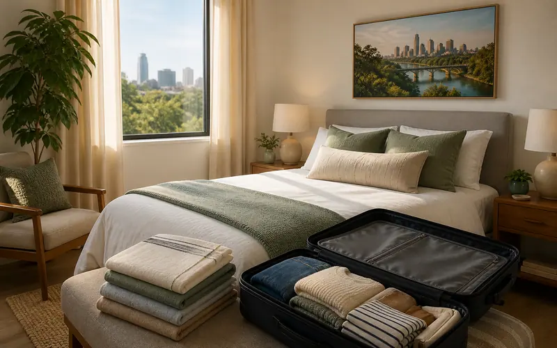 Bedroom with a half-packed suitcase and a city view