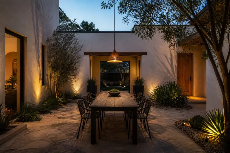 Candlelit courtyard dining table in a stucco courtyard