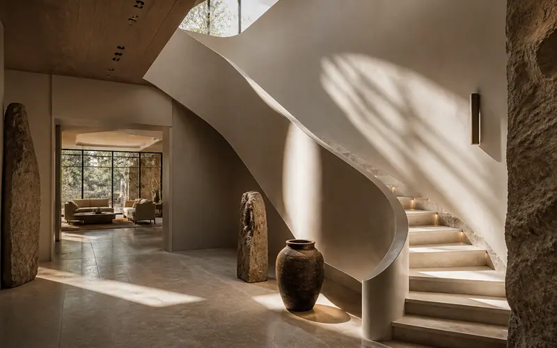 Sculptural curved plaster staircase in a sunlit hall