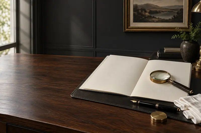 Open folio and magnifying glass on a polished desk