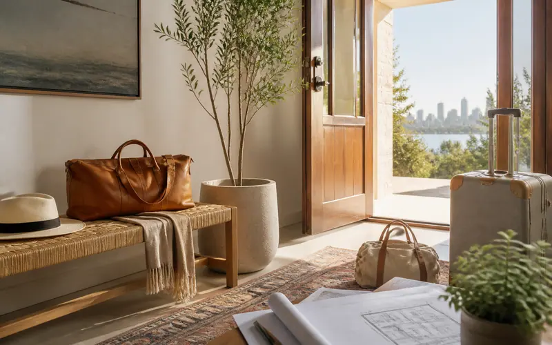 Sunlit entry with leather bags and a suitcase just set down