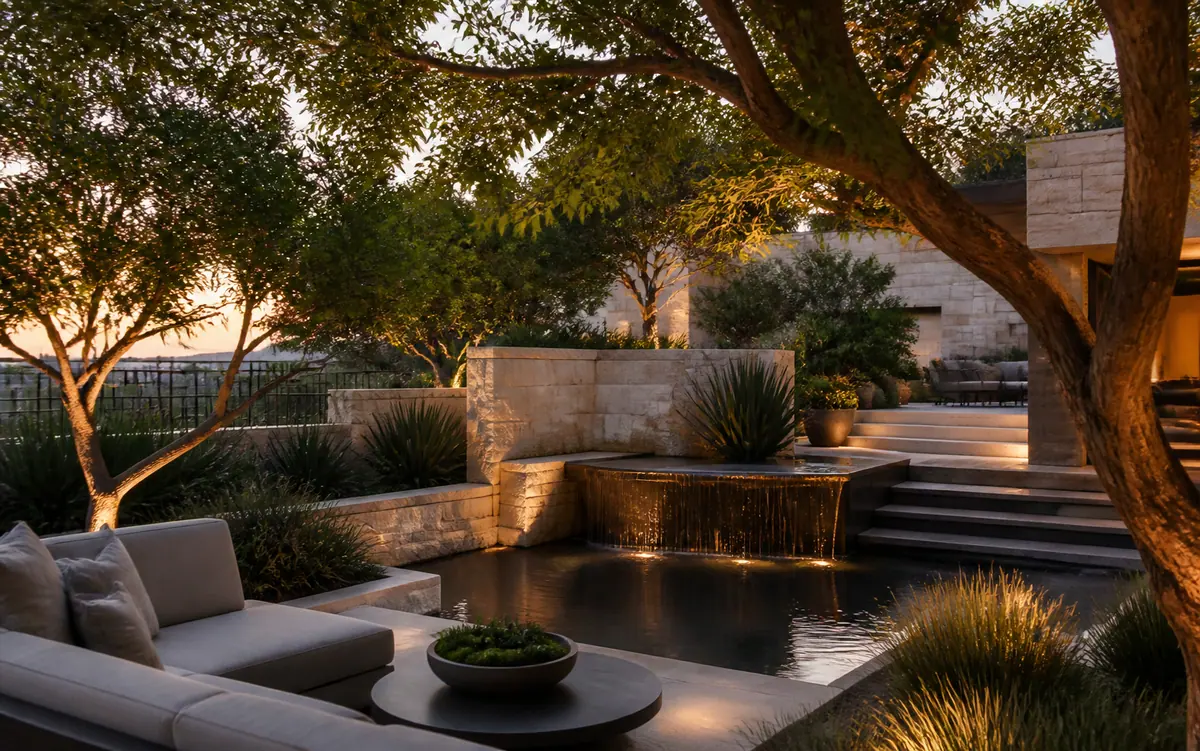 Outdoor lounge with a lit water feature in the evening