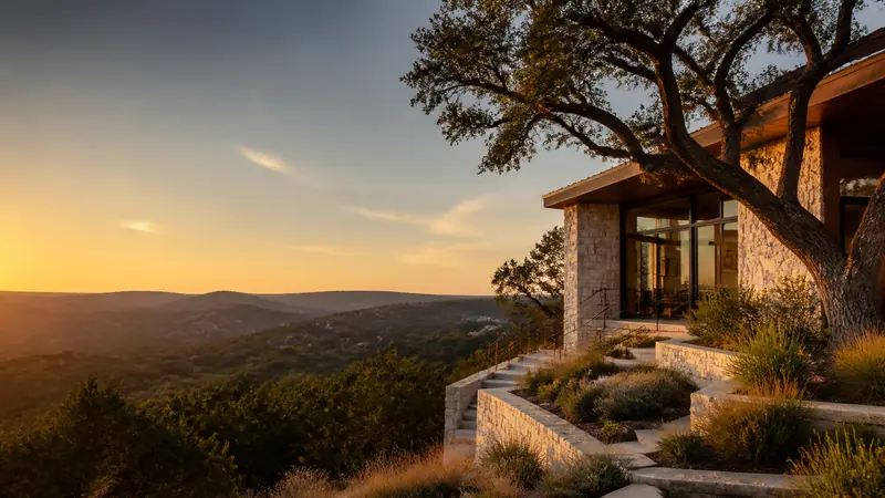 Stone home on a hilltop with a wide sunset view