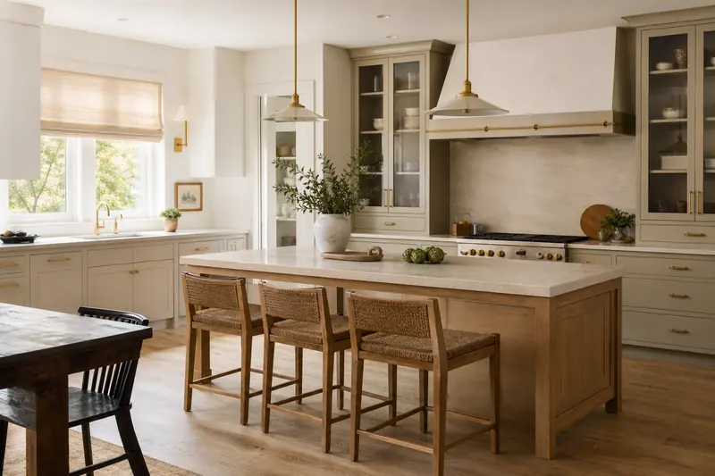Bright kitchen with a long oak island and pendant lights