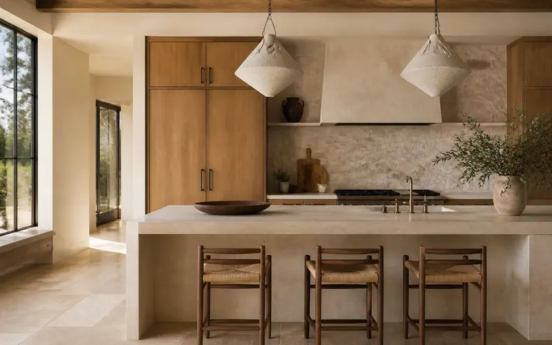 Plaster kitchen with sculptural pendants and rush stools