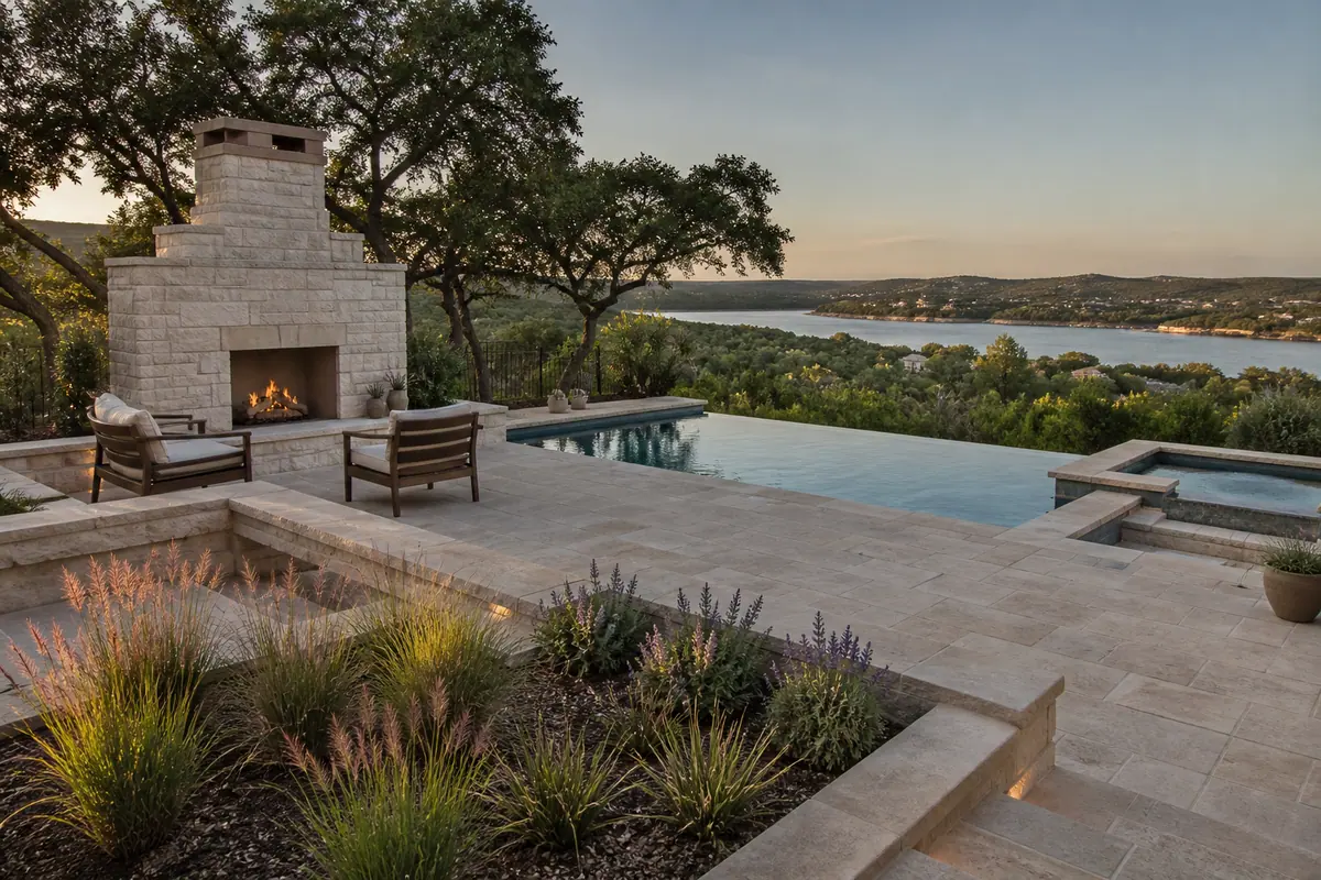 Stone fireplace and infinity pool on a terrace above a Hill Country lake at dusk