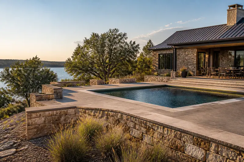 Limestone pool terrace on a hillside above the water