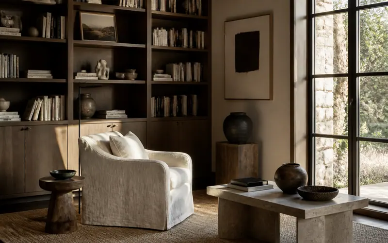 Library-style living room with a linen chair and styled shelves