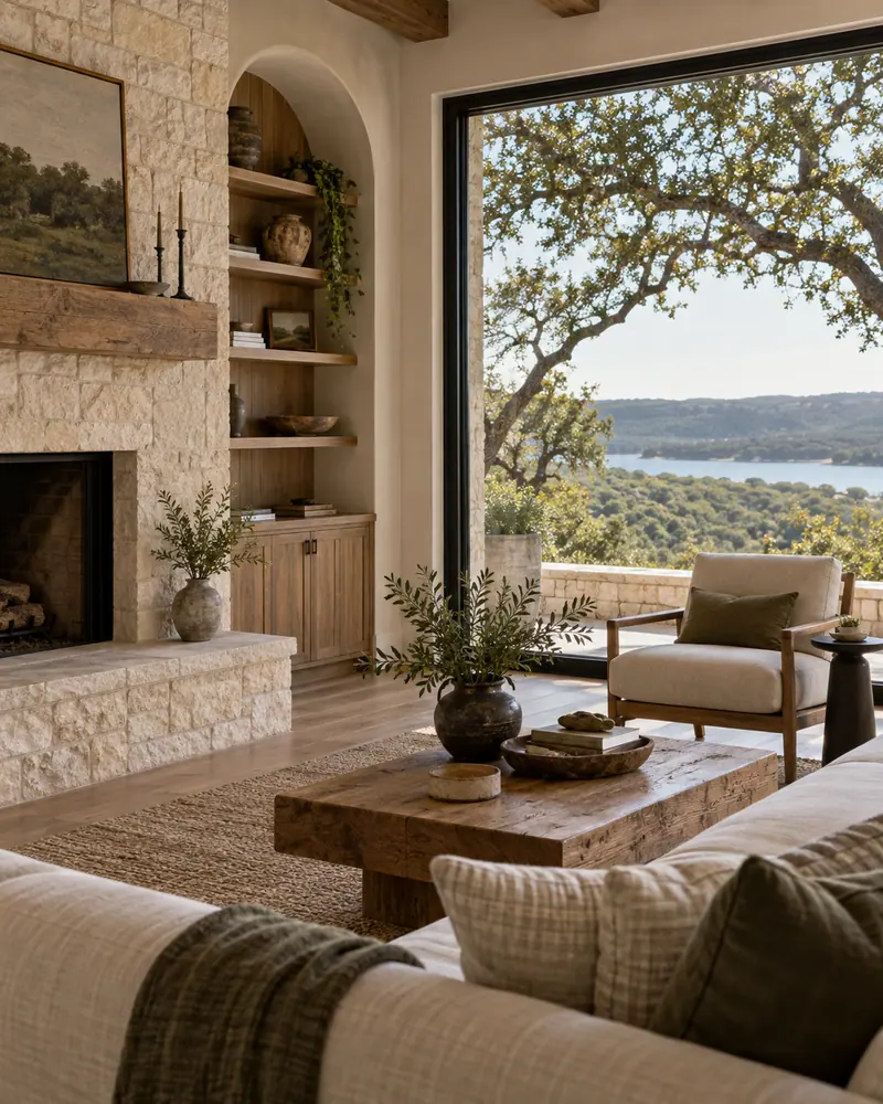 Living room with a stone fireplace and a window onto the lake