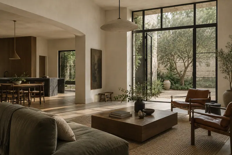 Modern living room opening to a garden through tall steel windows