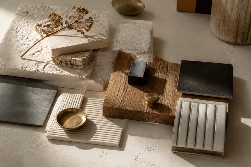 Stone, wood and metal material samples laid out on a table