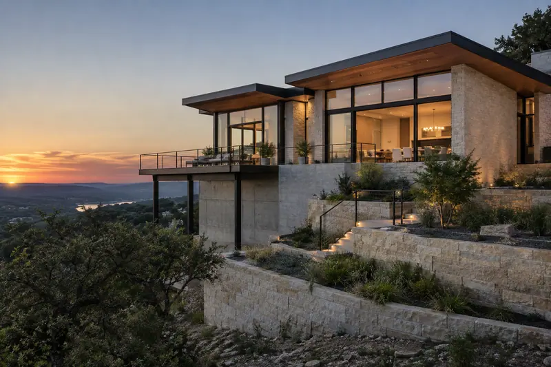 Modern hillside home with glass walls above a lake at sunset