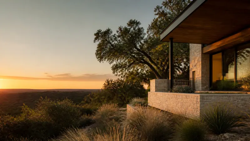 Modern covered porch overlooking the hills at golden hour