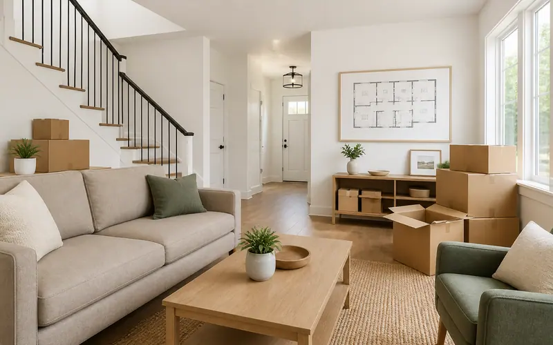 Bright living room with moving boxes, mid-move
