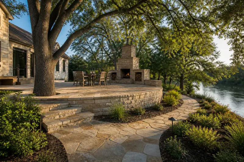 Stone patio with a fireplace beside the water under oaks