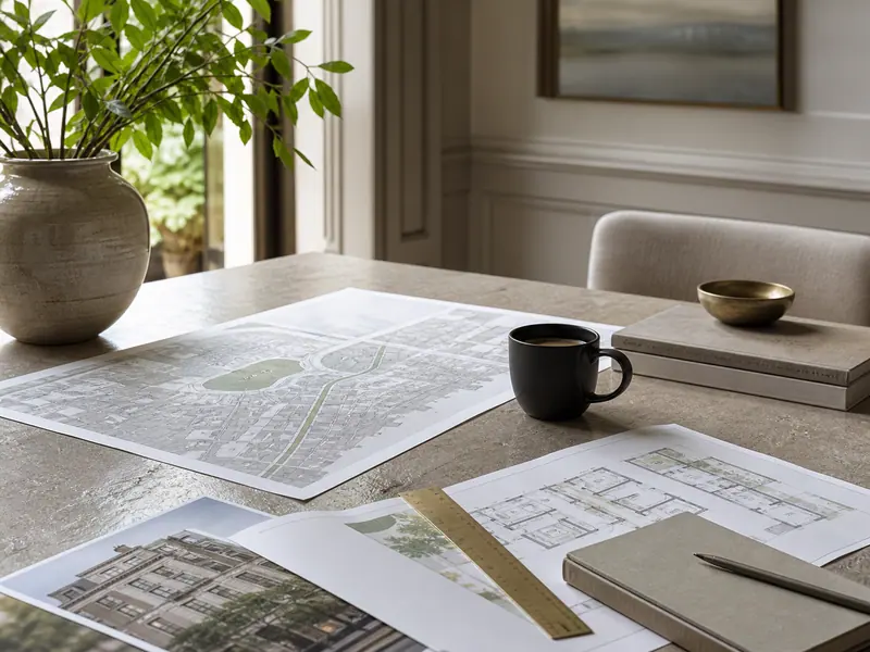 House plans and a coffee cup on a dining table