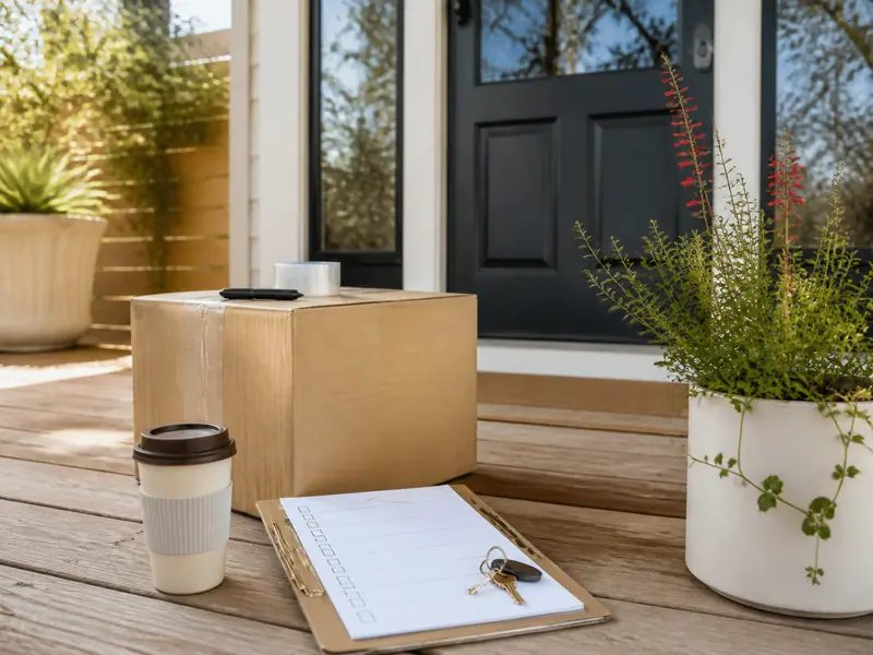 Moving boxes, coffee and keys on a front porch