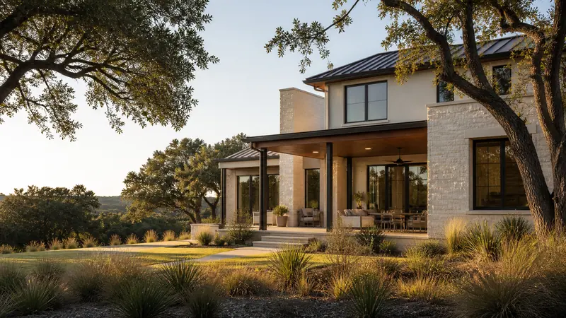 Limestone home with a deep porch under live oaks