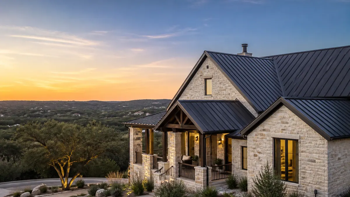 Limestone home with a metal roof at sunset above the hills