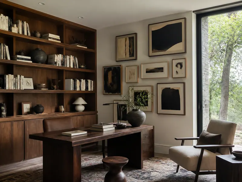 Study with a wood desk, gallery wall and shelves