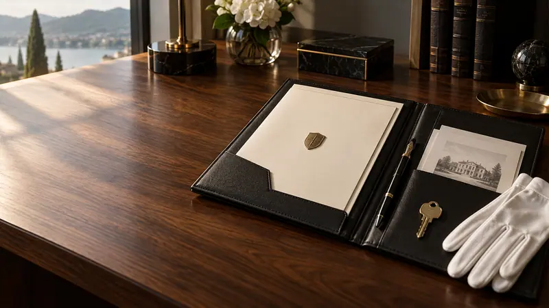 White gloves beside a leather folio holding a house key, on a desk with a lake view