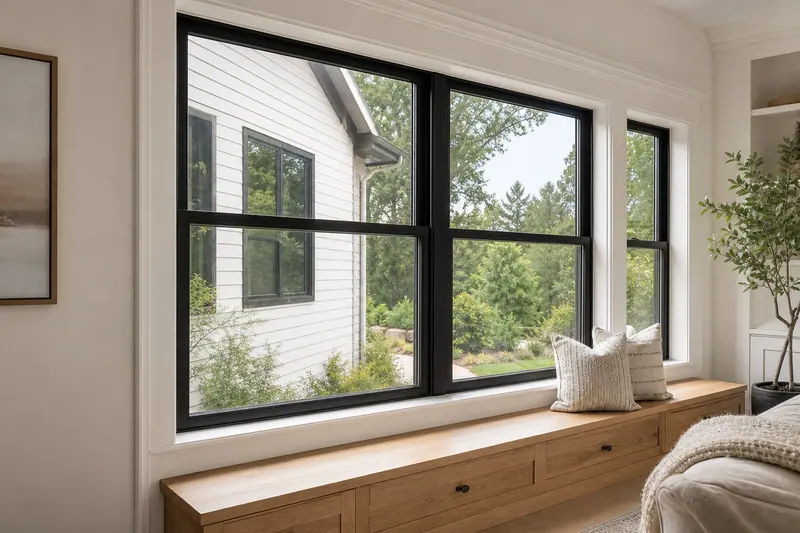 Window seat with soft pillows and a garden view
